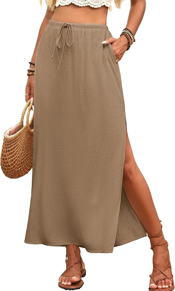ELLEVEN Linen Straight Maxi Skirt with Side Slit - Elastic Waist Drawstring Long Flowy Ankle-Leng... | Amazon (US)