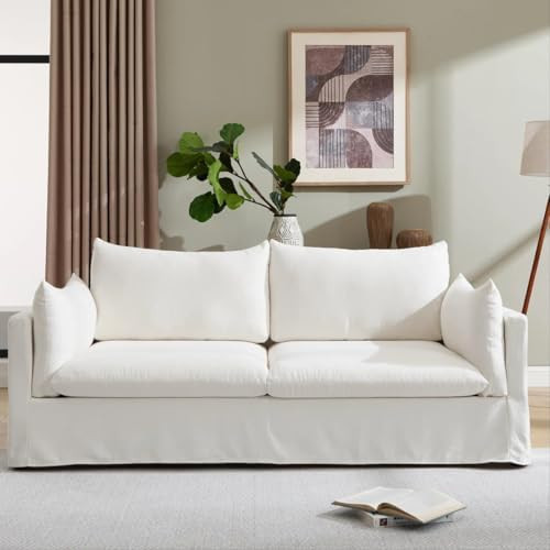 Utilbery Modern Slipcover 3-Seater Sofa, 81.3 inch Living Room Couch, White Linen Fabric | Amazon (US)