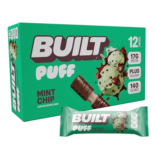 Built Bar, Puff Protein Bars, Mint Chip Puff, 17g Protein Snacks, On-The-Go Bars, Only 140 Calories, 6g Sugar, Collagen, Gluten Free, 12 Count | Amazon (US)