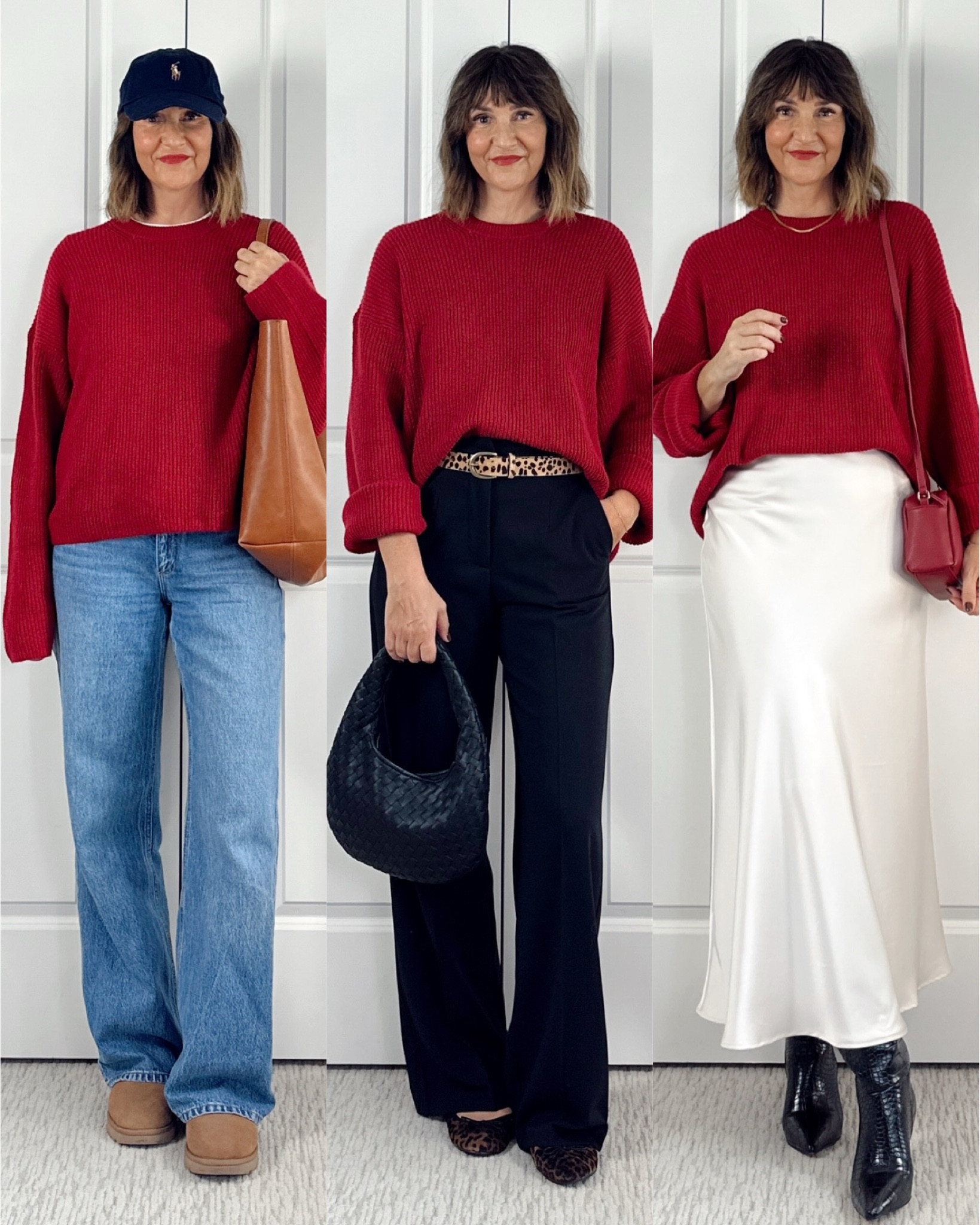 Outfit ideas for an oversized crewneck sweater! I’m 5’ 7” wearing my usual size S and it’s a roomy fit especially in the sleeves. And it’s on sale! 
Wearing my usual size S or 4 in the jeans, trousers, leopard belt and skirt.
Uggs don’t come in 1/2 sizes so I go down 1/2. The ballet flats fit small, I ended up going up one size, the tall boots fit tts.
My red bag is old and sold out but I linked several similar options 


#LTKWorkwear #LTKStyleTip #LTKSaleAlert