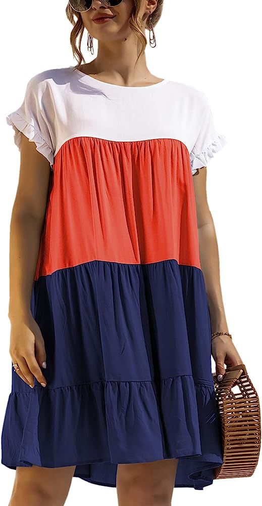 Angashion Women’s Summer Tunic Dress Round Neck Short Sleeve Ruffle Casual Loose Flowy Babydoll Swin | Amazon (US)