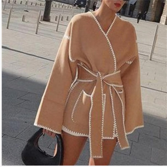 Beige wool blend contrast belted short coat Small | Poshmark