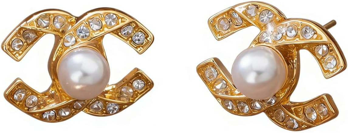 Golden Pearl Stud Earrings for Women, Cubic Zirconia Paved Designer Style Earrings with faux Pear... | Amazon (US)