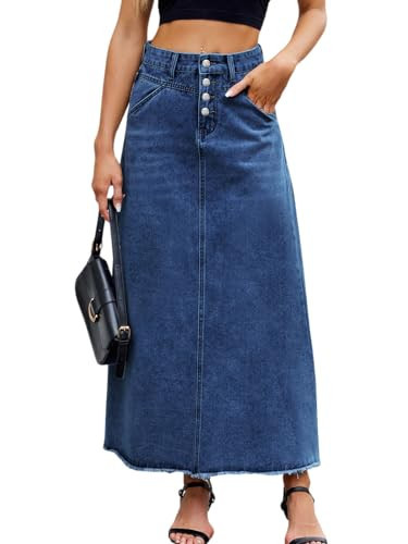ebossy Women's High Waist Maxi Denim Skirt Buttoned Frayed Hem Flared A Line Casual Loose Wash Jean Skirt with Pockets (S, Dark Blue) | Amazon (US)