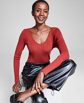 And Now This Women's V-Neck Ribbed Sweater-Knit Long-Sleeve Bodysuit, Created for Macy's - Macy's | Macy's