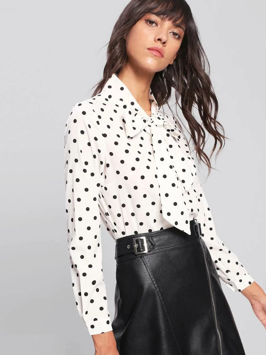 Bow Tie Neck Dot Print Blouse | SHEIN