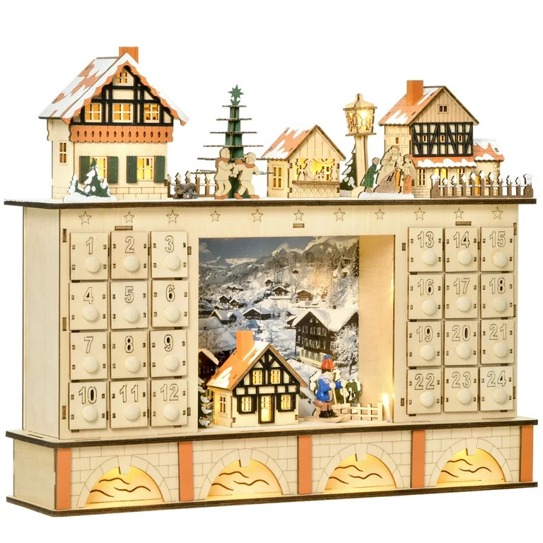 HOMCOM Wooden LED Lit Christmas Advent Calendar Counter Battery Operated Scene - Walmart.com | Walmart (US)