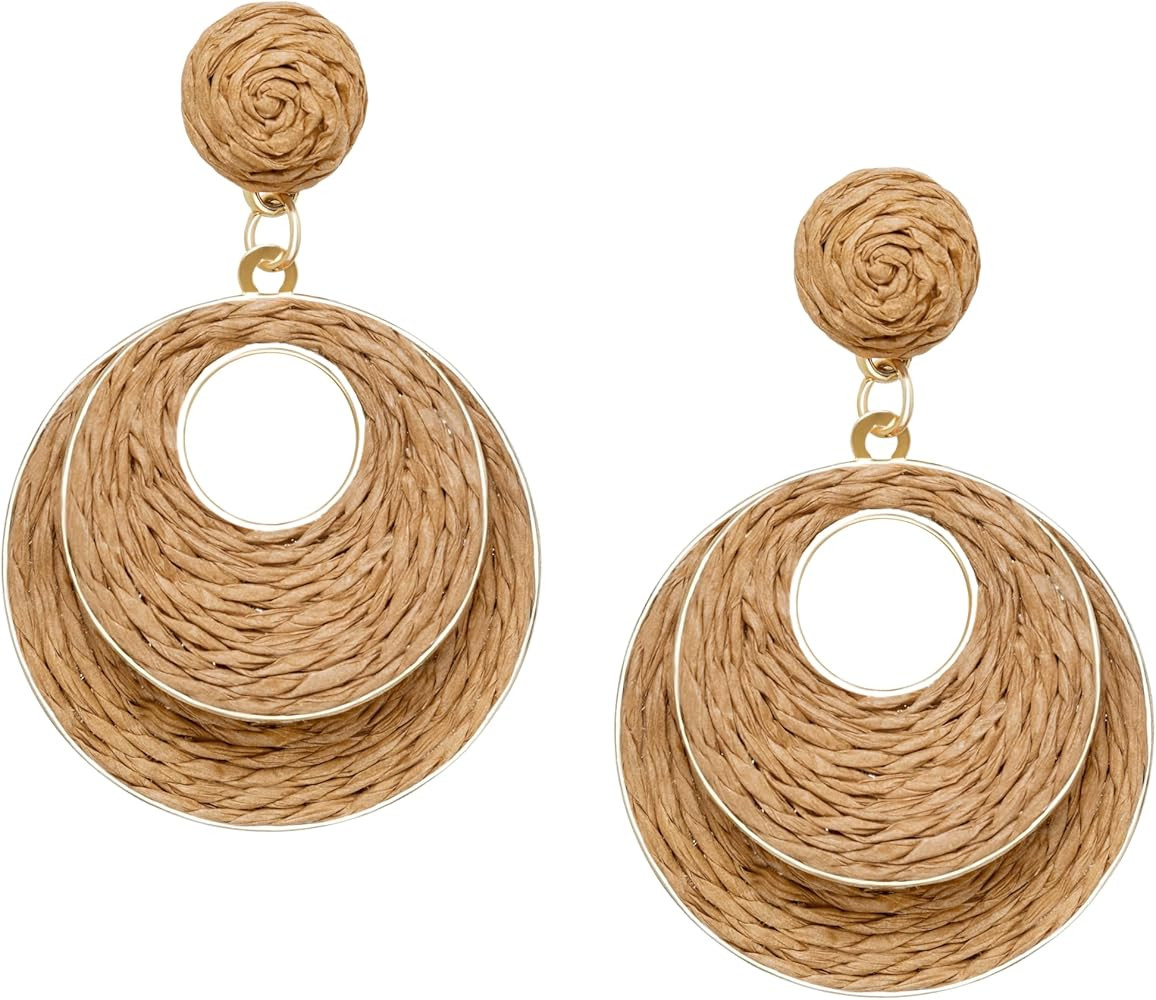 Raffia Hoop Earrings for Women - Boho Straw Wiker Dangle Drop Earrings for Summer Beach, Bohemian... | Amazon (US)