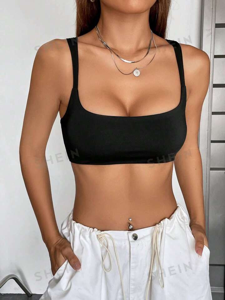 SHEIN EZwear Black Tight Sportswear Solid Crop Cami Top | SHEIN