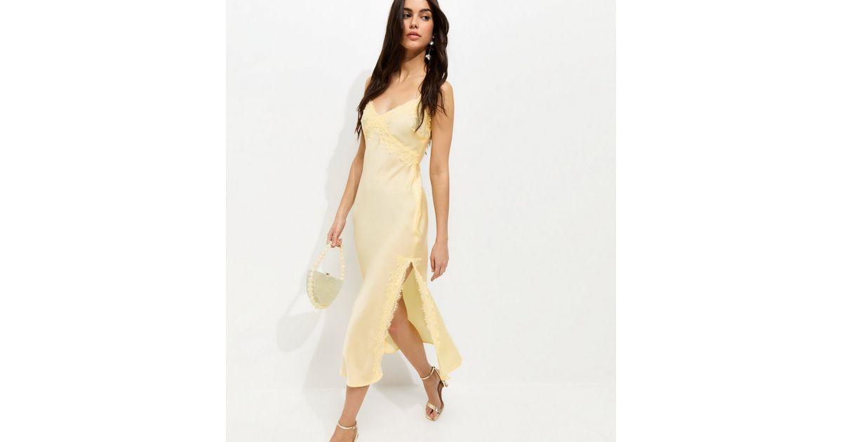 Light Yellow Lace Trim Slip Strappy Midi Dress | New Look | New Look (UK)