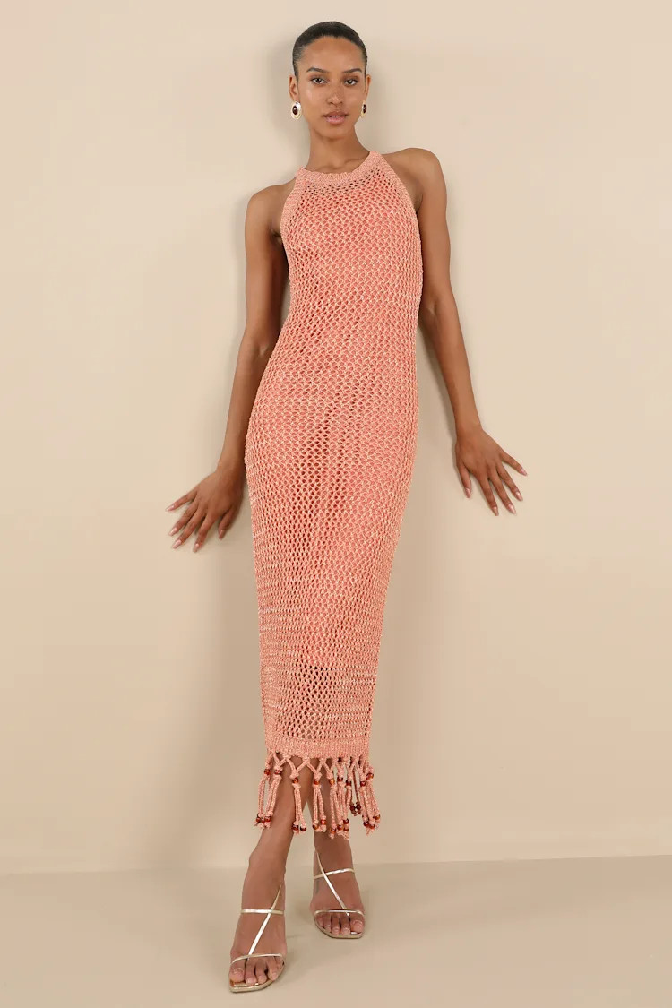 Marama Shiny Coral Crochet Sleeveless Fringe Midi Dress | Lulus