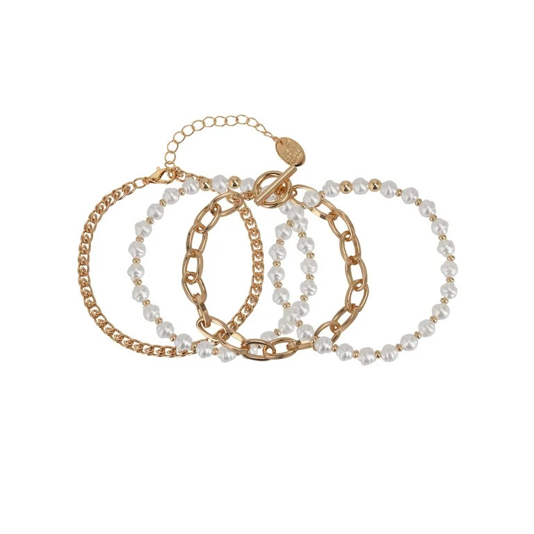 Time and Tru Women's Gold Tone and Faux Pearl Bracelet Set, 4-Piece | Walmart (US)