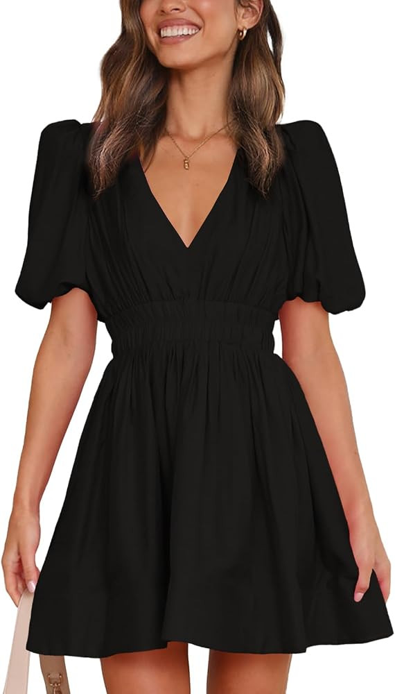 Outfeel Women 2026 Summer Mini Dress Puff Short Sleeve Sexy V Neck A Line Elastic High Waist Flow... | Amazon (US)
