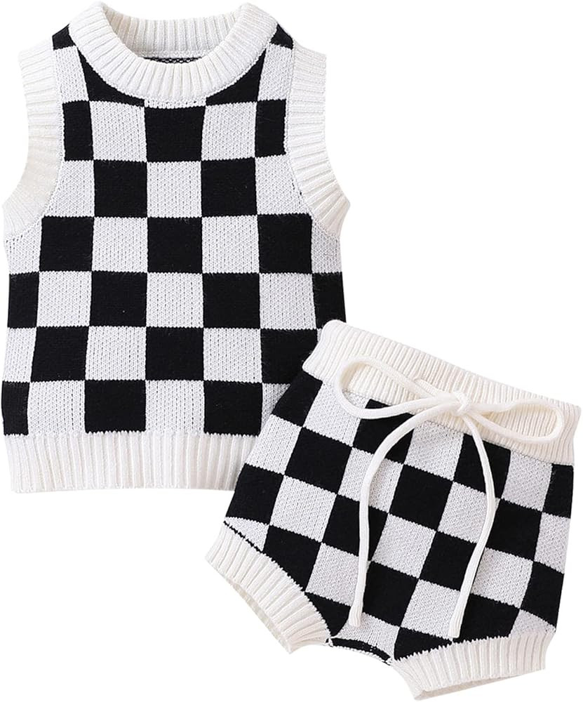 Toddler Baby Girls Knit Summer Outfits Checkerboard Plaids Sweater Vest +Drawstring Bloomer Short... | Amazon (US)