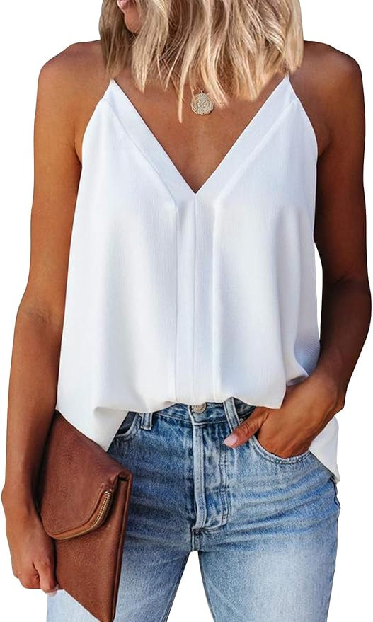 miduo Womens V Neck Strappy Tank Tops Loose Casual Sleeveless Shirts Blouses | Amazon (US)