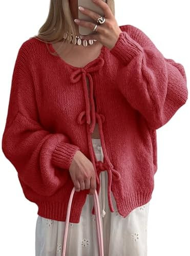 Saodimallsu Womens Tie Front Cardigan Sweaters Cute Bow Puff Long Sleeve 2025 Fall Loose Ribbed K... | Amazon (US)