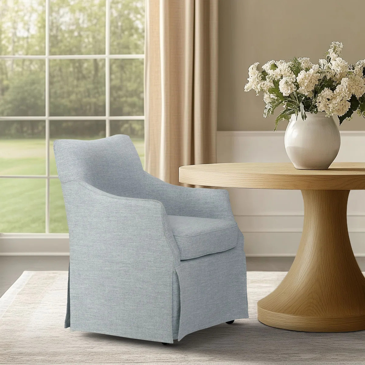 London Upholstered Skirted Dining Arm Chair With Hidden Casters | Wayfair North America