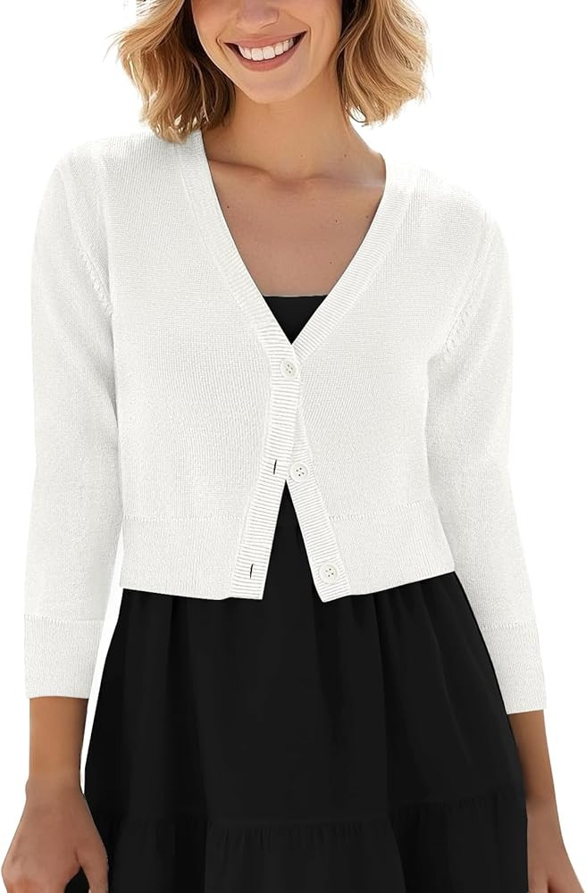 Urban CoCo Women's Cropped Cardigan V-Neck Button Down Knitted Sweater 3/4 Sleeve | Amazon (US)