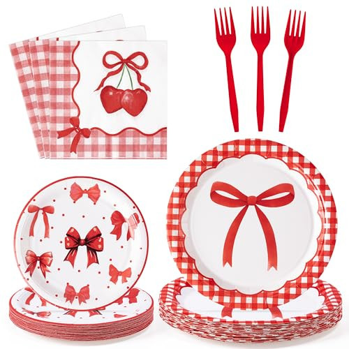 G1ngtar 96Pcs Red Bow Party Plates Supplies - Serves 24 - Coquette Watercolor Bowknot Party Tableware Decoration Disposable Paper Plates Napkin Fork for Girl Bachelorette Engagement Wedding Birthday | Amazon (US)