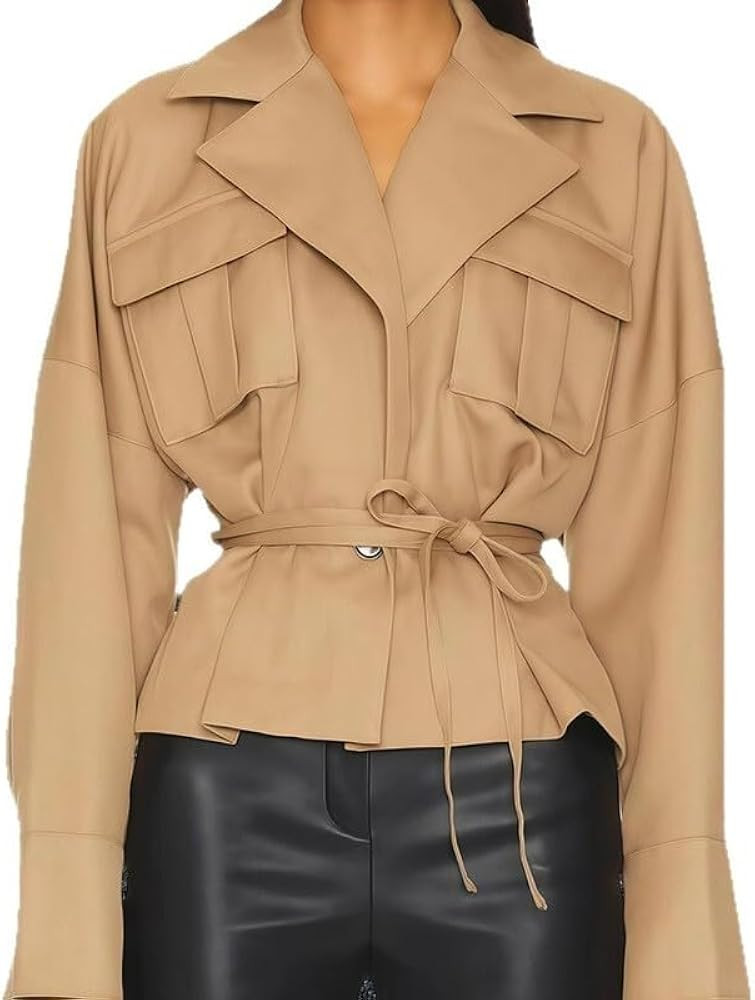 Wuitrie Women's Fall Solid Color Casual Coat Long Sleeve Lapel Tie-Waist Belted Jacket Sexy Stree... | Amazon (US)