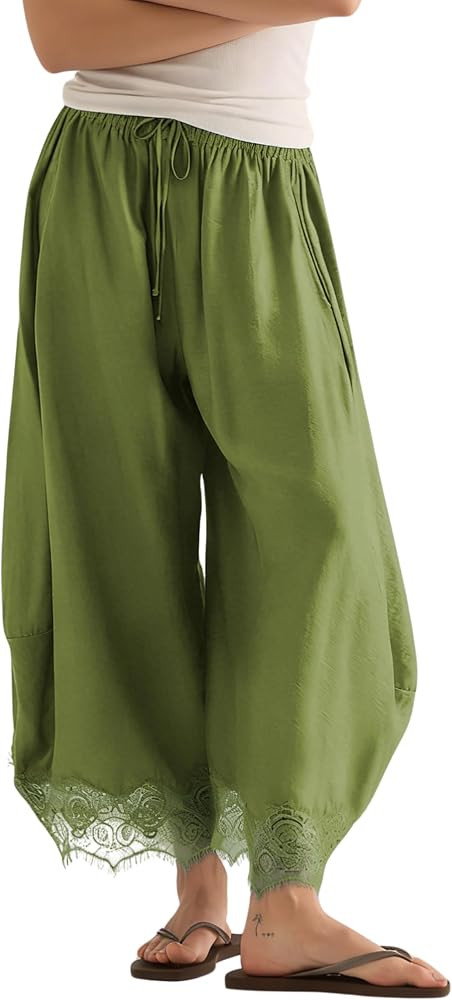 PUWEI Women's Cropped Lace Hem Pants High Waist Drawstring Wide Leg Pants | Amazon (US)