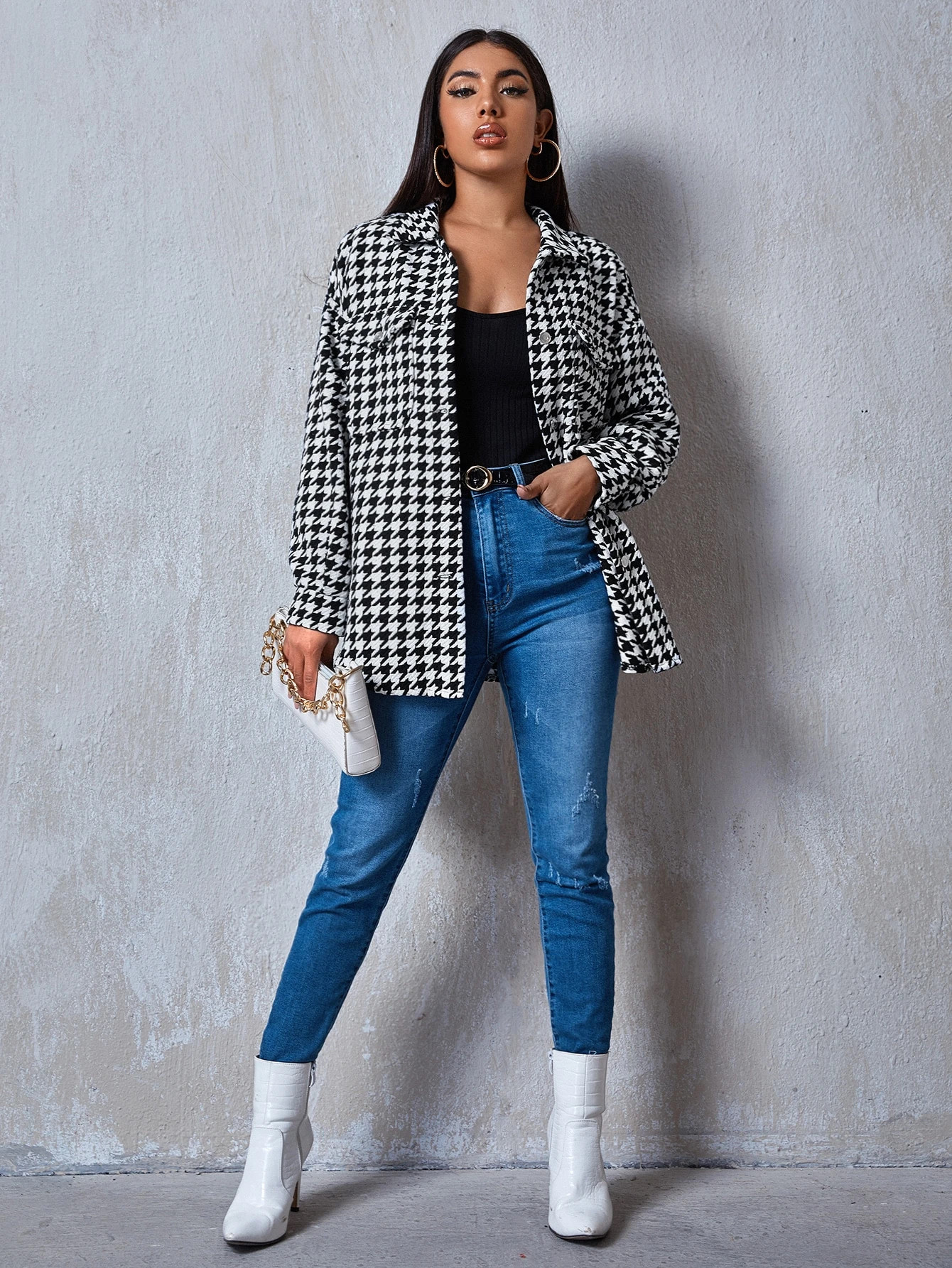 SHEIN Flap Pocket Front Drop Shoulder Houndstooth Tweed Coat | SHEIN