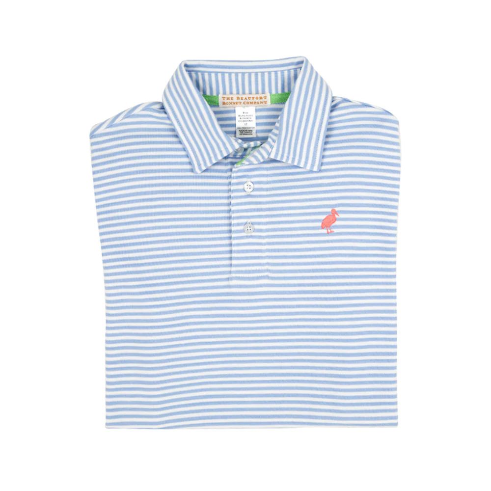 Prim & Proper Polo & Onesie - Beale Street Blue Stripe with Parrot Cay Coral Stork | The Beaufort Bonnet Company