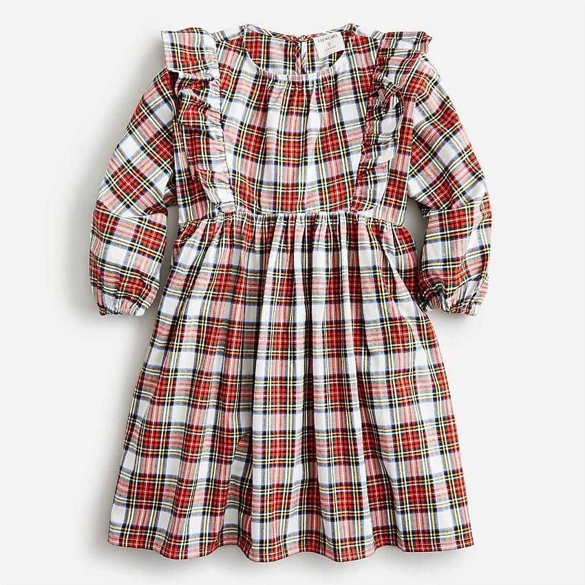 Girls' long-sleeve ruffle-shoulder dress in Snowy Stewart tartan | J.Crew US