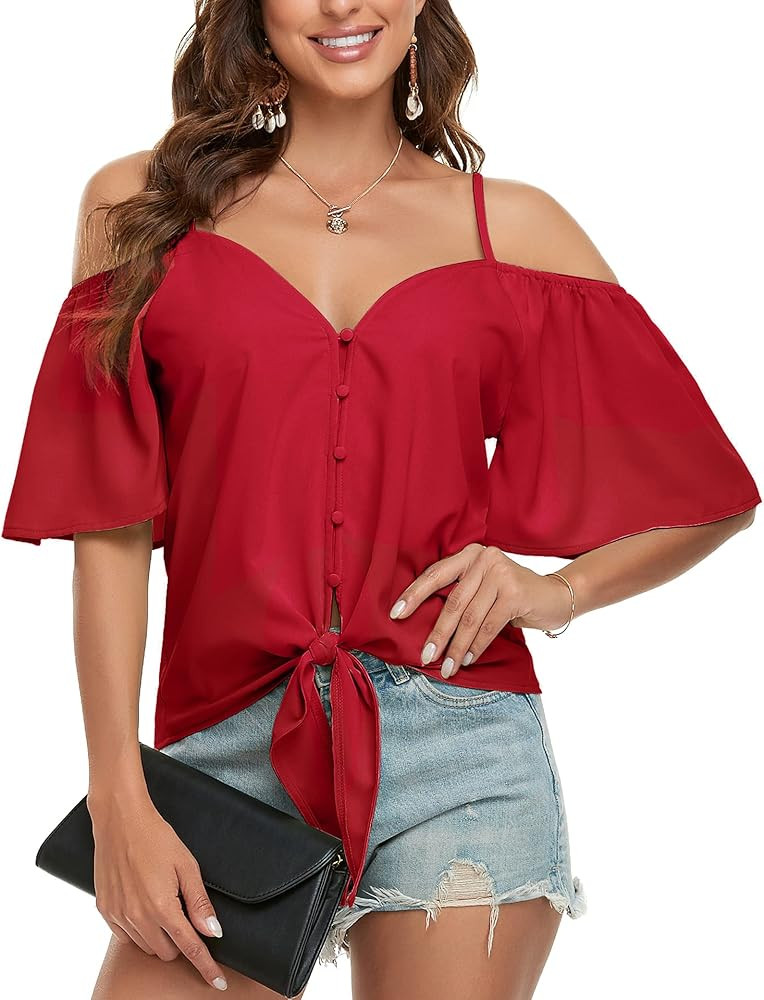Vshemoi Women's Summer Off Shoulder Tops V Neck Button Down Tie Knot Front Blouse Ruffle Short Sleev | Amazon (US)
