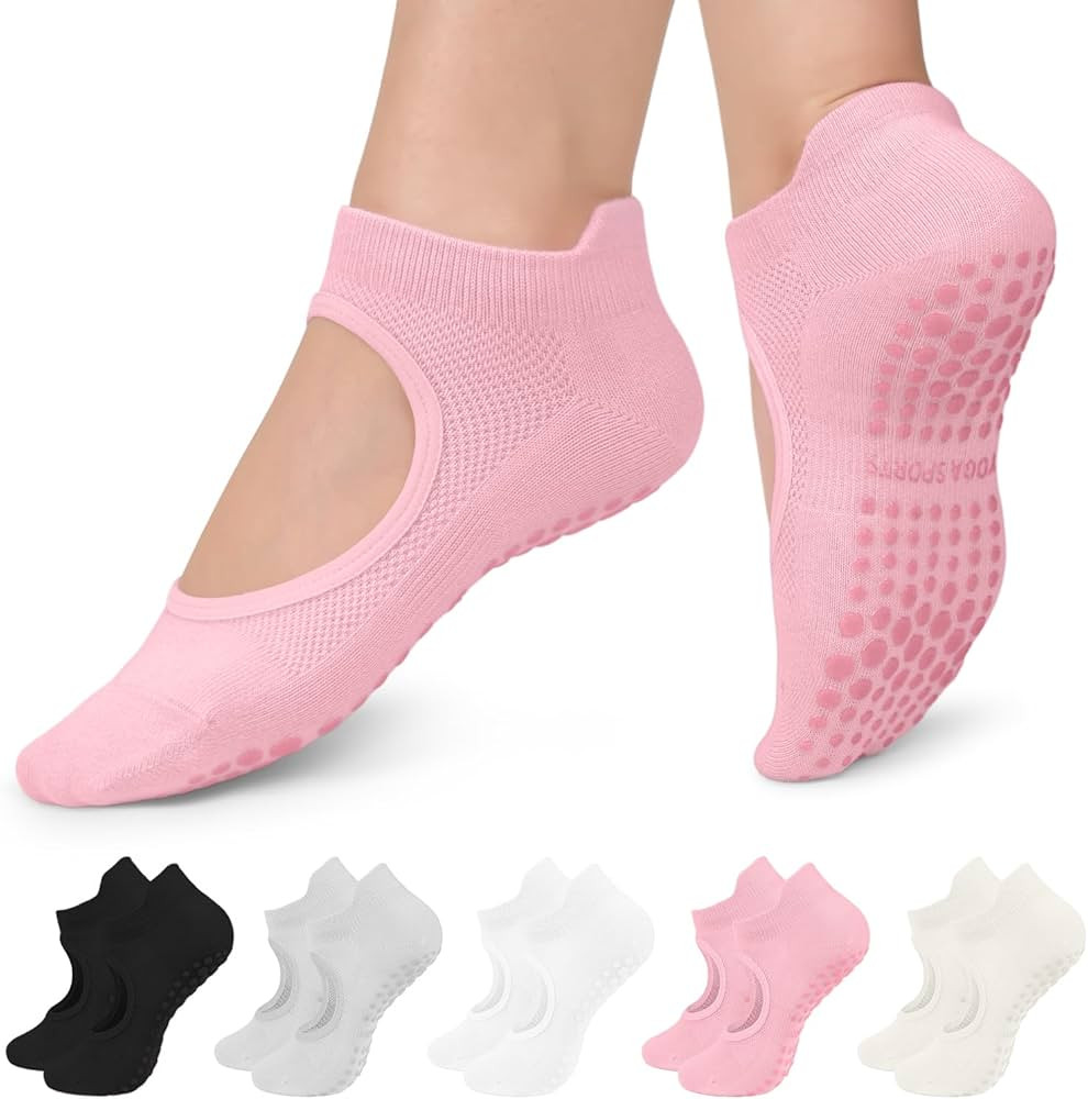 5 Pairs Pilates Socks Yoga Socks with Grips for Women Non Slip, Pilates, Workout, Pure Barre, Bal... | Amazon (US)