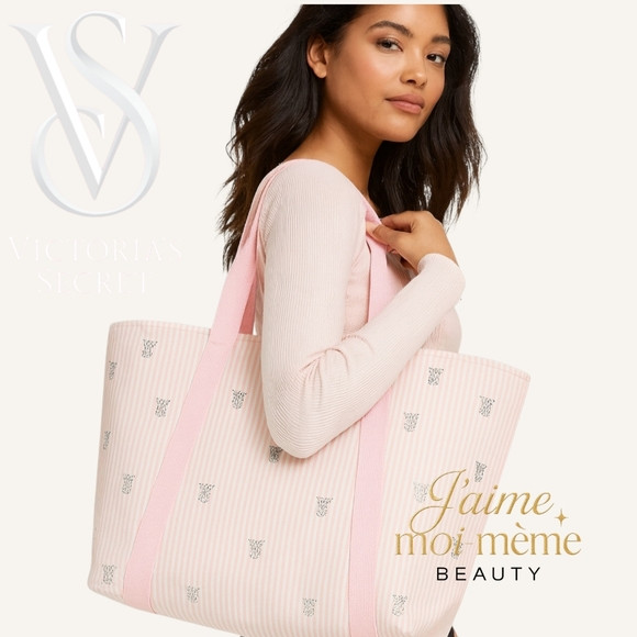 Victoria\u205fSecrets Blush Baby Pink Heritage Stripe Tote With Crystal Bling Logo | Poshmark