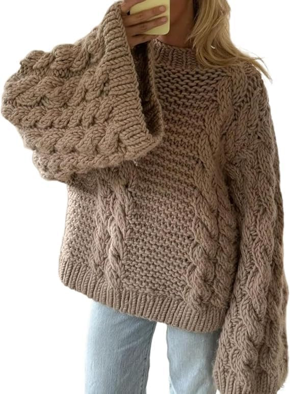 Women's Oversized Cable Knit Sweaters, Wide Sleeves Crewneck Chunky Knit Pullover, Cable Knitted ... | Amazon (UK)