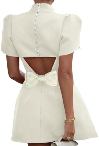 AMPOSSTO Women's Elegant Bow Backless Hollow Out Mini Dress Turtleneck Short Sleeve Pad Shoulder ... | Amazon (US)