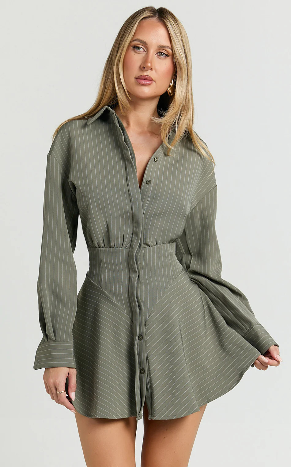 Whitney Mini Dress - Linen Long Sleeve Shirt Dress in Grey Keisha Stripe | Showpo (US, UK & Europe)