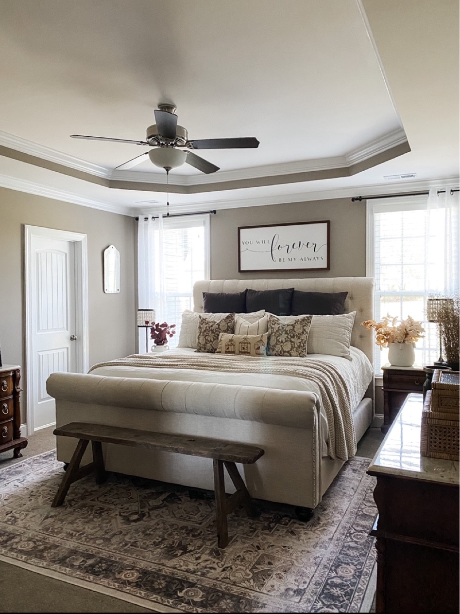 Master bedroom
Primary bedroom
Ruggable rug
Upholstered sleigh bed
Vintage bench
Flax linen duvet cover
Chunky blanket
Fall throw pillows 
Vase
Maple leaf stems
Rattan boxes
Curtain rods
Curtains

#LTKfamily #LTKhome #LTKSeasonal