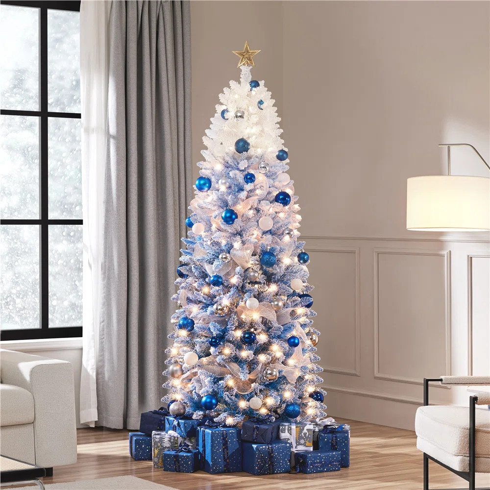 The Holiday Aisle® Pre-lit Flocked Pencil Artificial Christmas Tree with Incandescent Warm White... | Wayfair North America