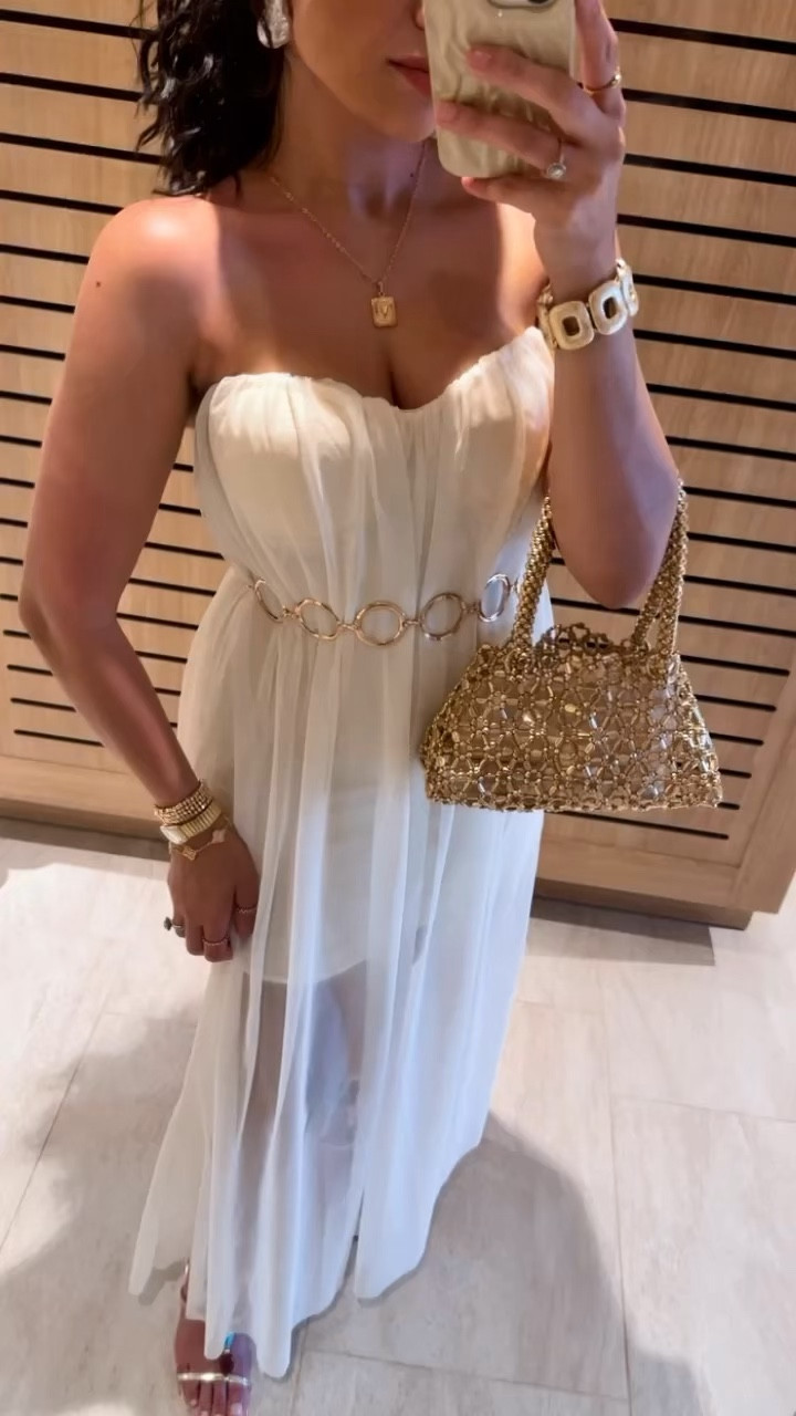 Flowy tulle mesh semi sheer summer midi dress, gold belt, gold beaded bag, beaded multicolor summer heel sandals
 Resort wear, beach outfit, vacation ootd

#LTKGiftGuide #LTKFindsUnder50 #LTKStyleTip