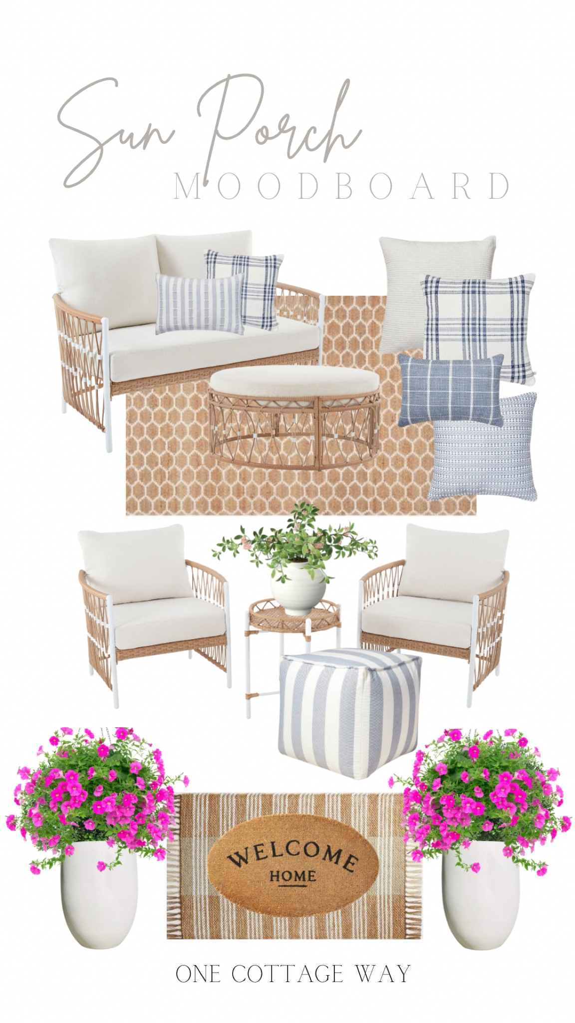 Sharing our design board for the sun porch at our new project!  Everything’s from Target, Walmart and Amazon!

~~~~~~~~~~~~~
Porch furniture, patio set, woven loveseat, chairs, serena and lily, hearth and hand, white planters, blue and white outdoor pillows, jute rug, coastal farmhouse, one cottage way

#LTKunder50 #LTKFind #LTKhome