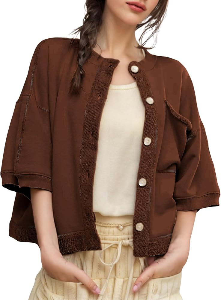 QIBABU Womens Button Down Cardigan Casual Open Front 3/4 Sleeve Crewneck Sweatshirt Tops | Amazon (US)