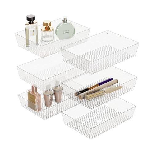 6 PCS Plastic Drawer Organizer - 6" X 9" Clear Desk Storage Trays, Vanity Organizers ,Clear Storage Tray for Makeup, Kitchen Utensils, Bedroom, Bathroom, and Office | Amazon (US)