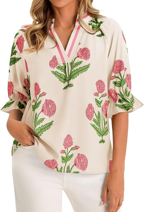 Cicy Bell Womens Boho Floral Blouses Puff Ruffle Sleeve V Neck Summer Shirts Dressy Casual Flowy ... | Amazon (US)