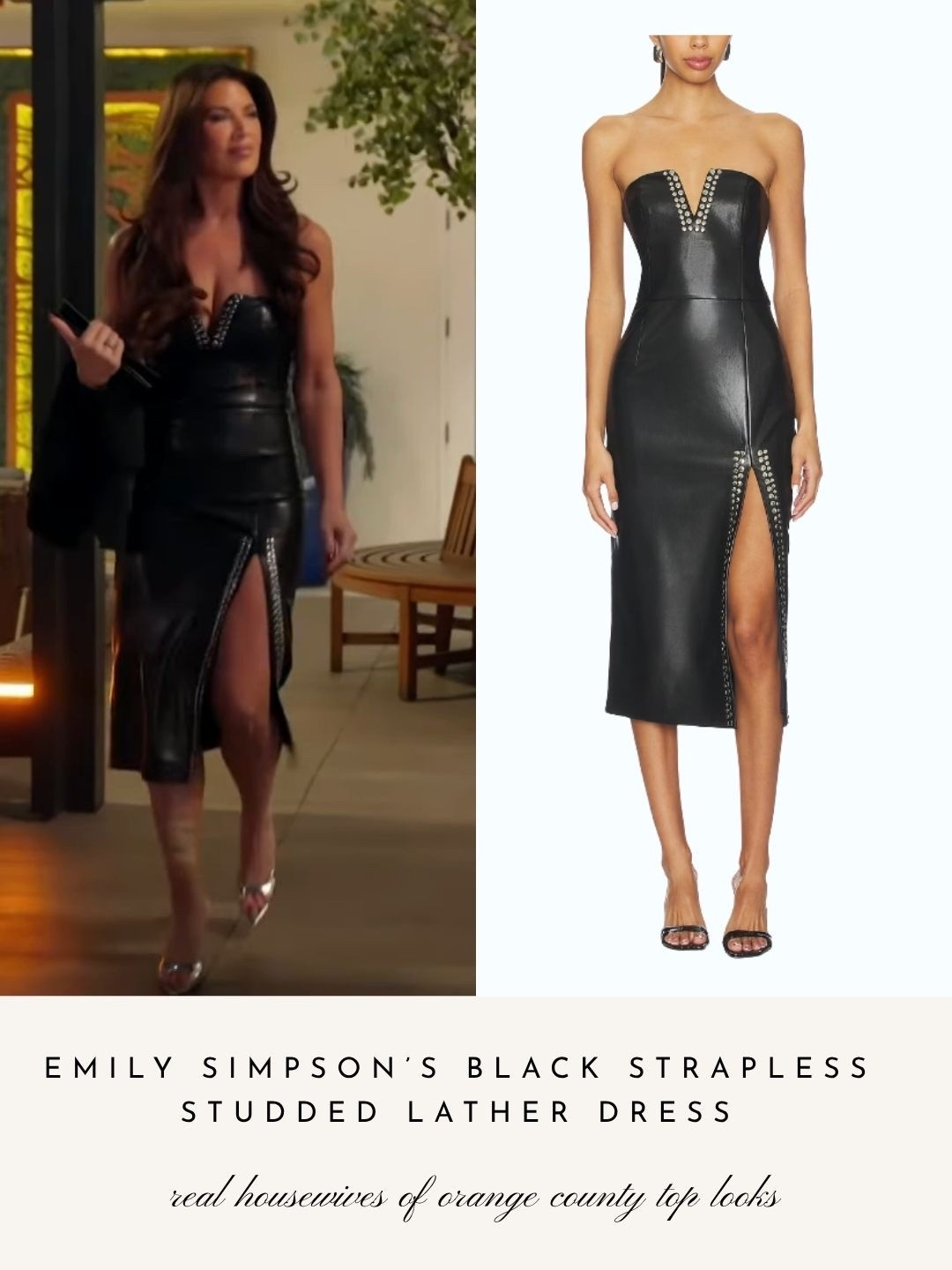 Emily Simpson’s Black Strapless Studded Leather Dress