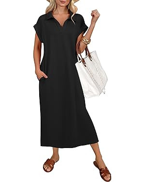 ANRABESS Womens Summer Casual Maxi Dresses Short Sleeve Polo V Neck Loose Split Wrinkle-Free Beac... | Amazon (US)