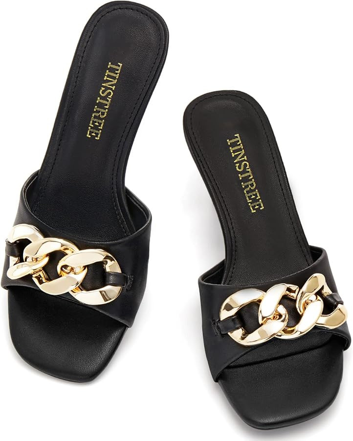 TINSTREE Women's Kitten Heels Square Toe Heeled Sandals Mules Evening Party Prom Dance Slip on Dr... | Amazon (US)