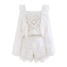 Hollow Out Floral Crochet Cotton Top and Shorts Set in White | Chicwish