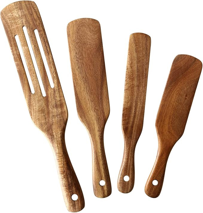 Wooden Cooking Utensils, NAYAHOSE 4 Pcs Natural Teak Kitchen Utensil Set Heat Resistant Non Stick... | Amazon (US)