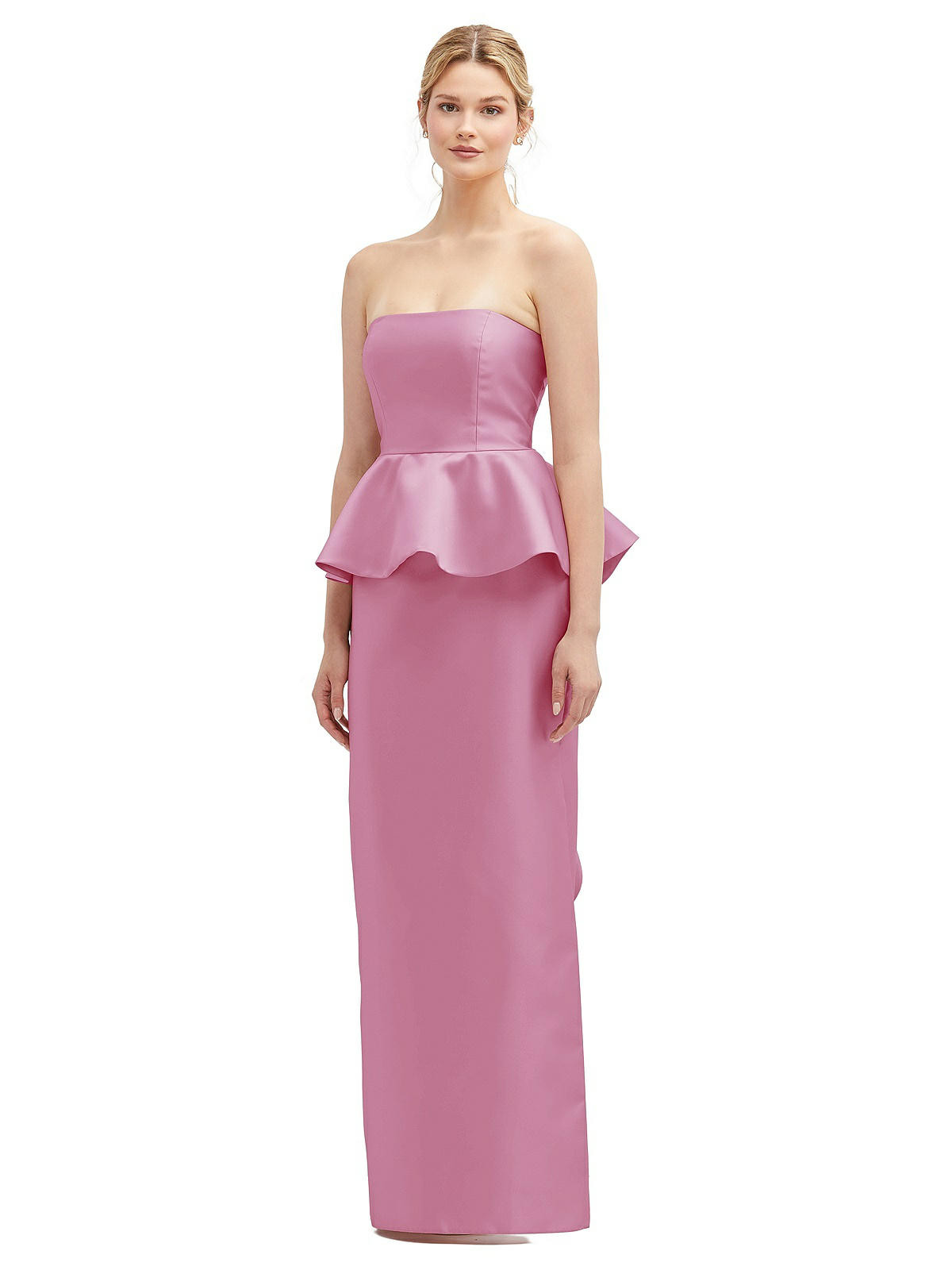 Strapless Satin Maxi Dress with Cascade Ruffle Peplum Detail in Powder Pink | The Dessy Group