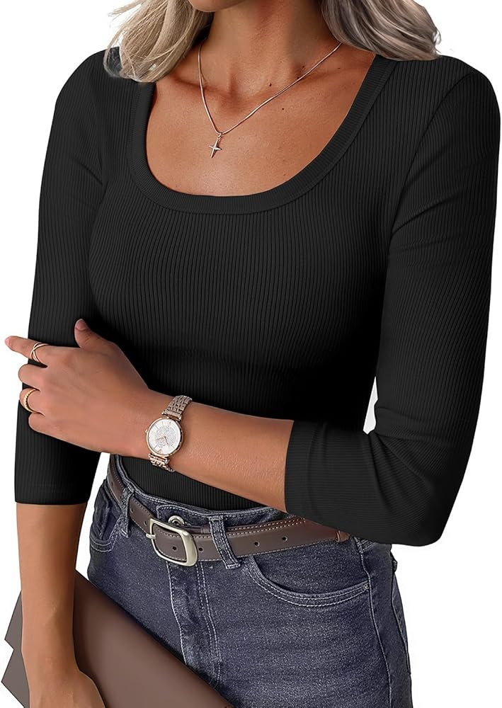 Womens 3/4 Sleeve Scoop Neck Top Ribbed Knit Slim Fitted Casual Basic Tee Shirts 2025 Fall Trendy... | Amazon (US)