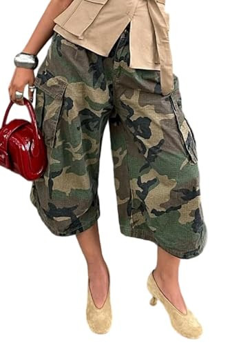 VJMVJM Women's Camo Cargo Jeans Baggy Wide Leg High Waist Capris Camouflage Trousers Army Fatigue Boyfriend Denim Pants | Amazon (US)