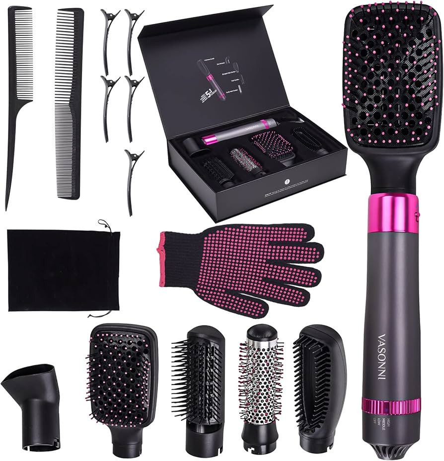 VASONNI 5 in 1 Hair Dryer Brush, Negative Ion Electric Hot Air Blow Dryer Brush Comb (Black-red) | Amazon (US)